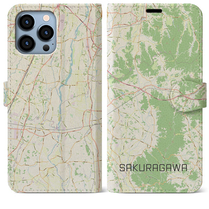 【桜川（茨城県）】地図柄iPhoneケース（手帳タイプ）ナチュラル・iPhone 13 Pro Max 用