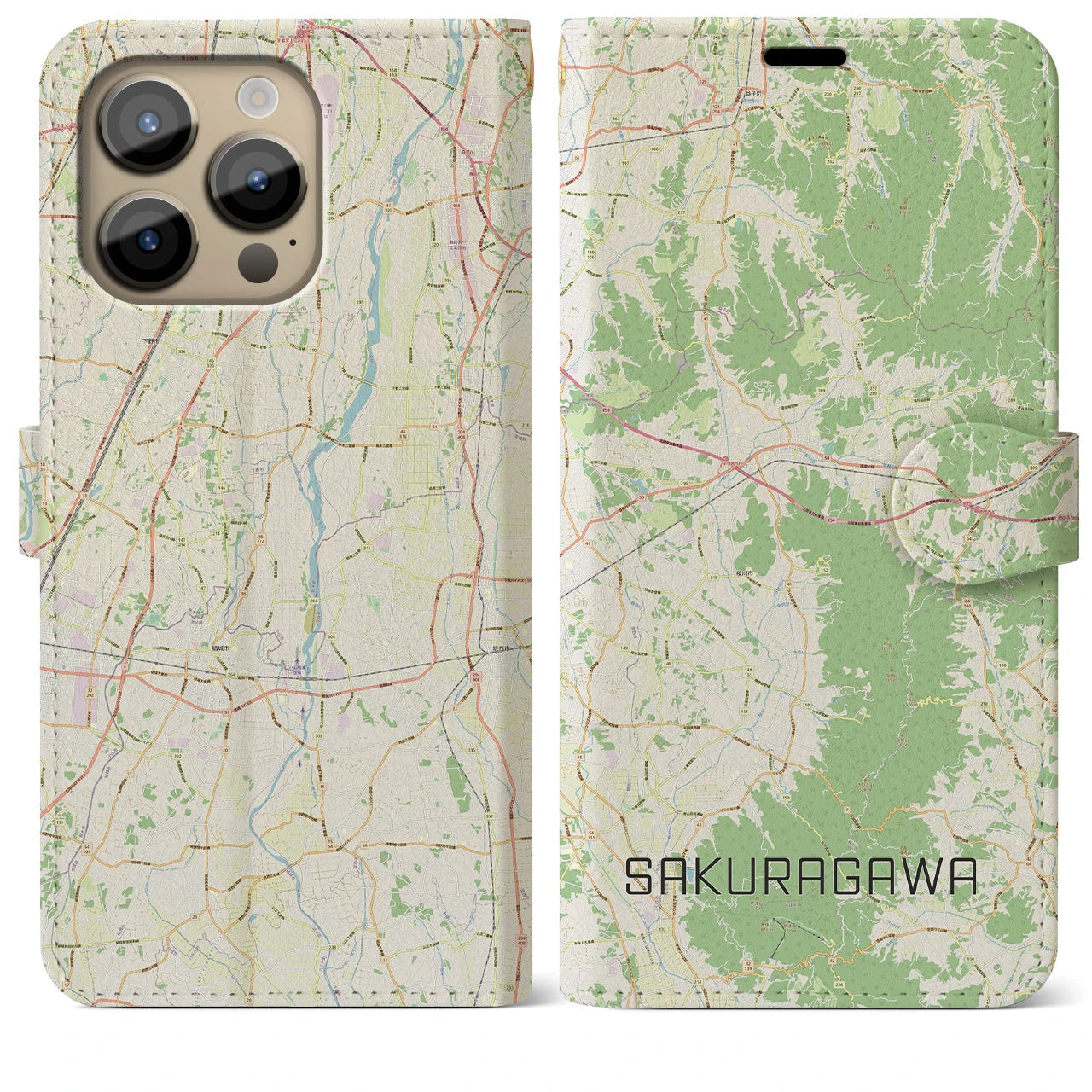 【桜川（茨城県）】地図柄iPhoneケース（手帳タイプ）ナチュラル・iPhone 14 Pro Max 用