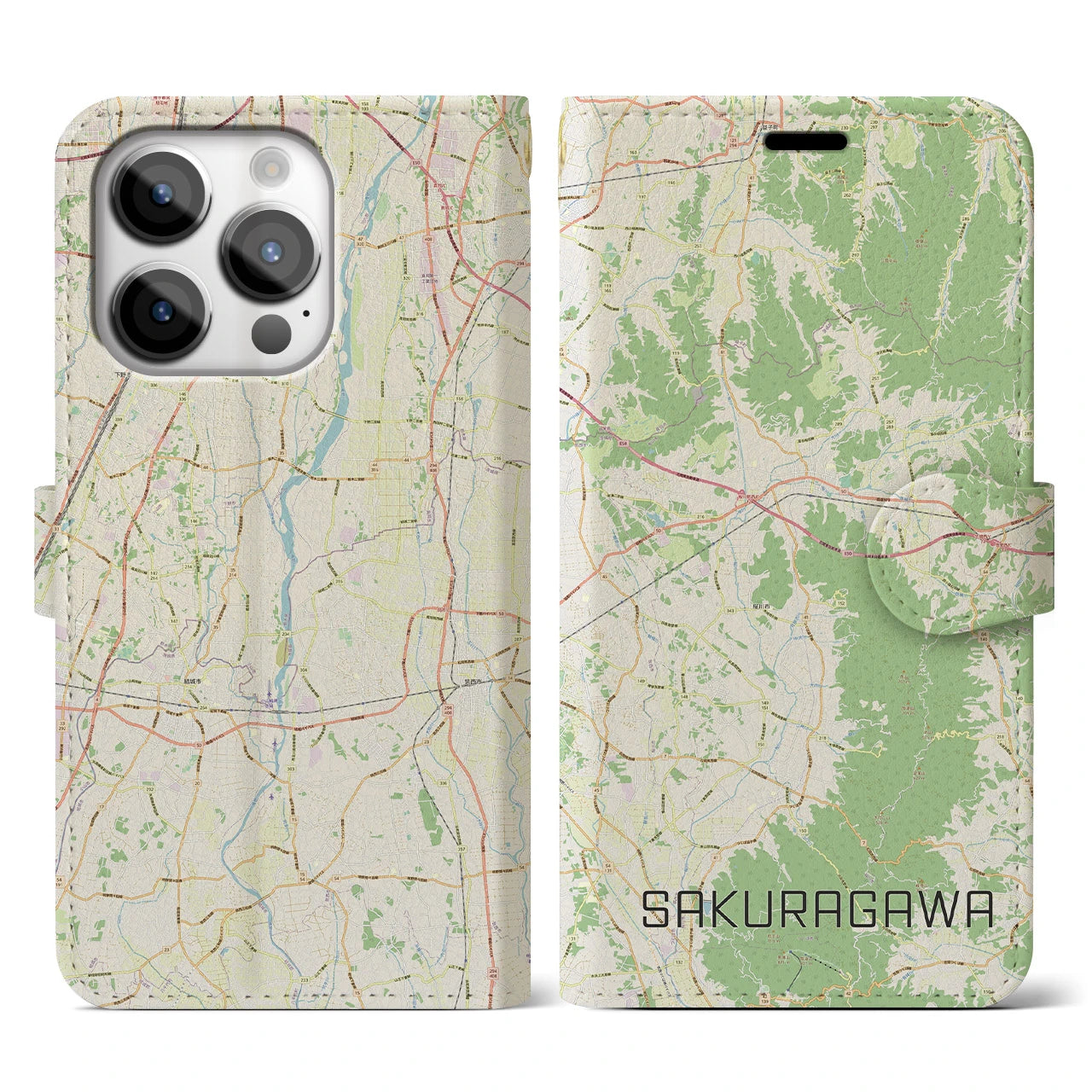 【桜川（茨城県）】地図柄iPhoneケース（手帳タイプ）ナチュラル・iPhone 14 Pro 用