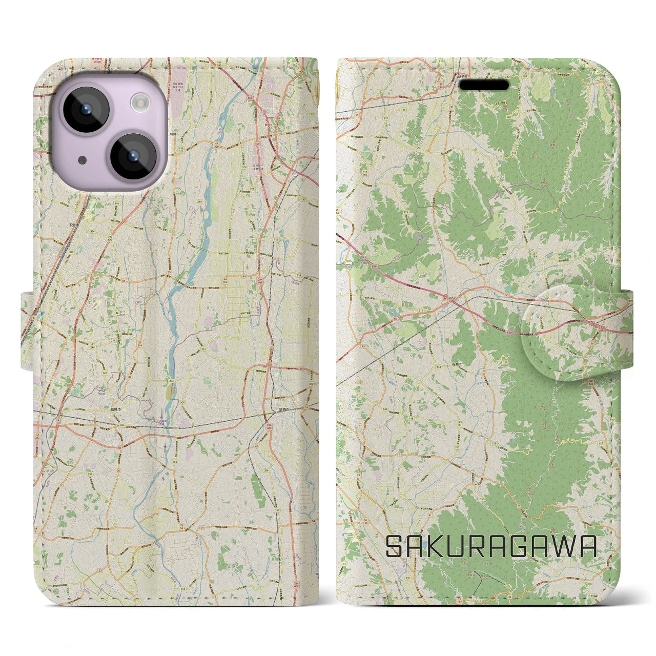 【桜川（茨城県）】地図柄iPhoneケース（手帳タイプ）ナチュラル・iPhone 14 用
