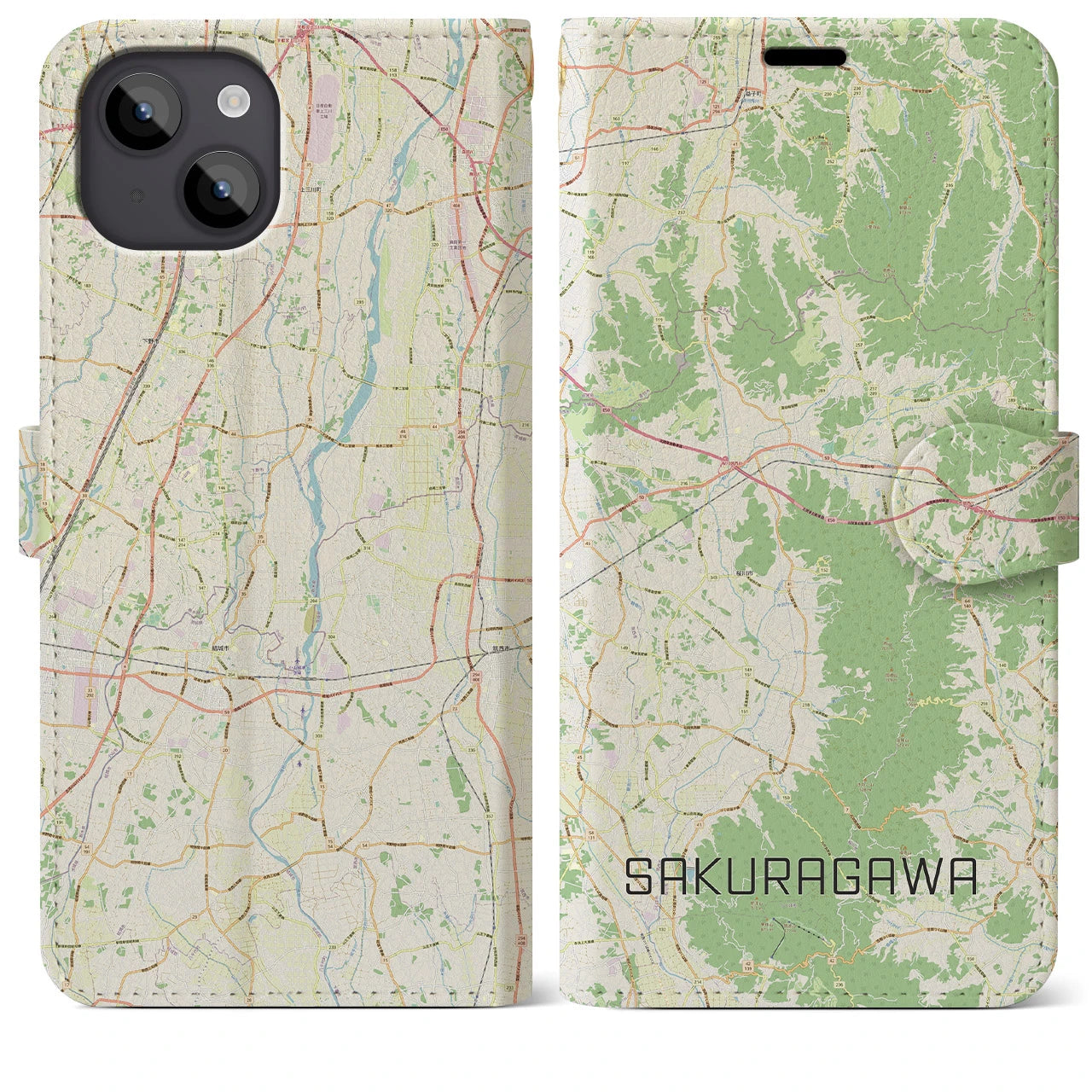 【桜川（茨城県）】地図柄iPhoneケース（手帳タイプ）ナチュラル・iPhone 14 Plus 用