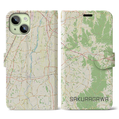 【桜川（茨城県）】地図柄iPhoneケース（手帳タイプ）ナチュラル・iPhone 15 用