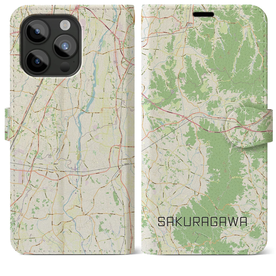 【桜川】地図柄iPhoneケース（手帳両面タイプ・ナチュラル）iPhone 15 Pro Max 用