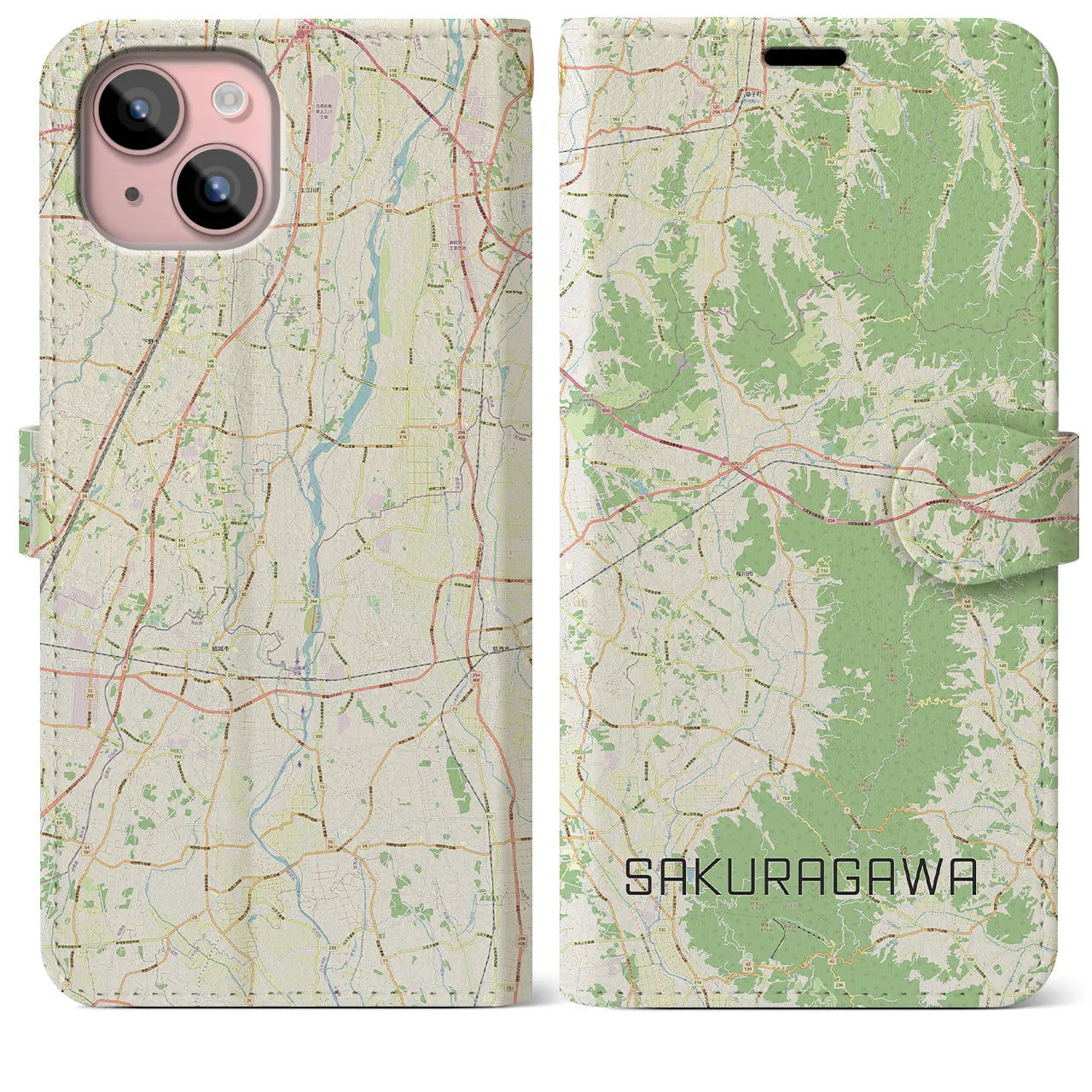 【桜川（茨城県）】地図柄iPhoneケース（手帳タイプ）ナチュラル・iPhone 15 Plus 用