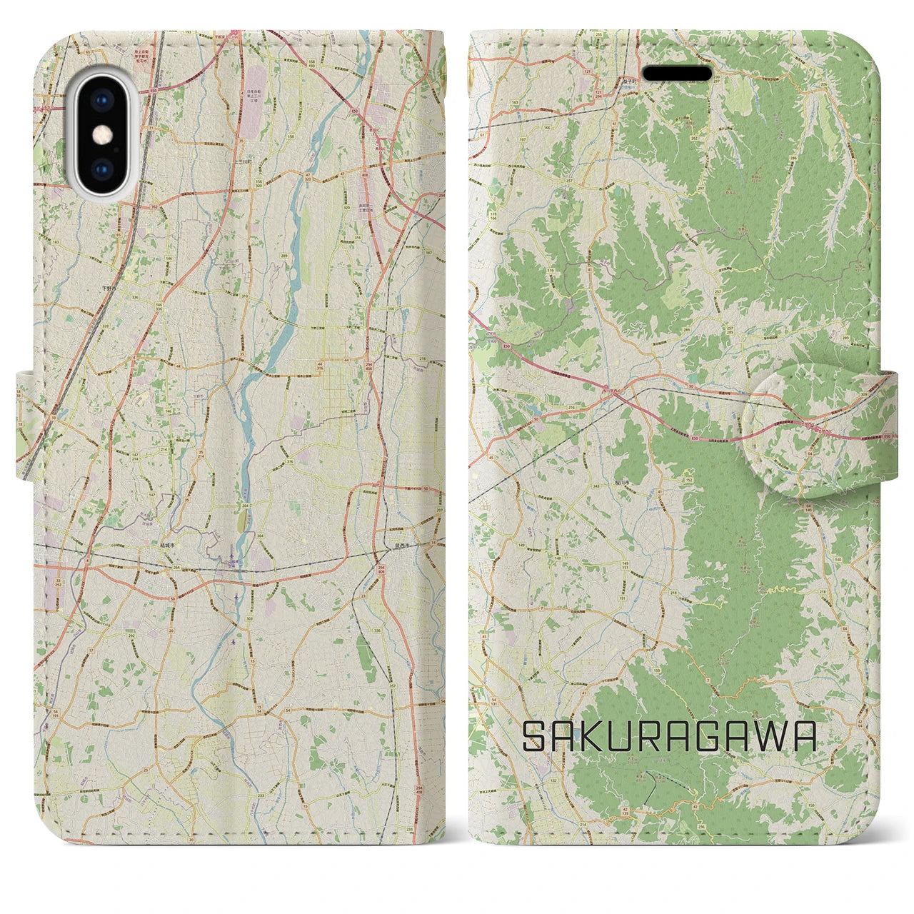 【桜川（茨城県）】地図柄iPhoneケース（手帳タイプ）ナチュラル・iPhone XS Max 用