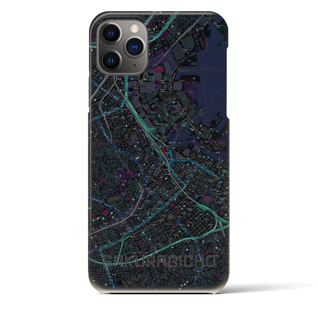 【桜木町】地図柄iPhoneケース（バックカバータイプ・ブラック）iPhone 11 Pro Max 用