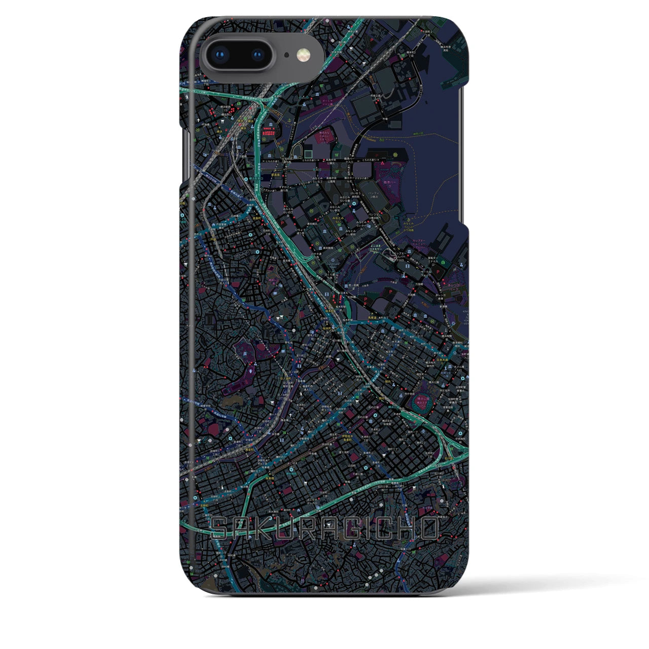 【桜木町】地図柄iPhoneケース（バックカバータイプ・ブラック）iPhone 8Plus /7Plus / 6sPlus / 6Plus 用