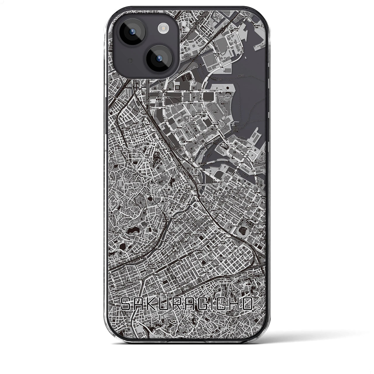 【桜木町】地図柄iPhoneケース（クリアタイプ・モノトーン）iPhone 14 Plus 用