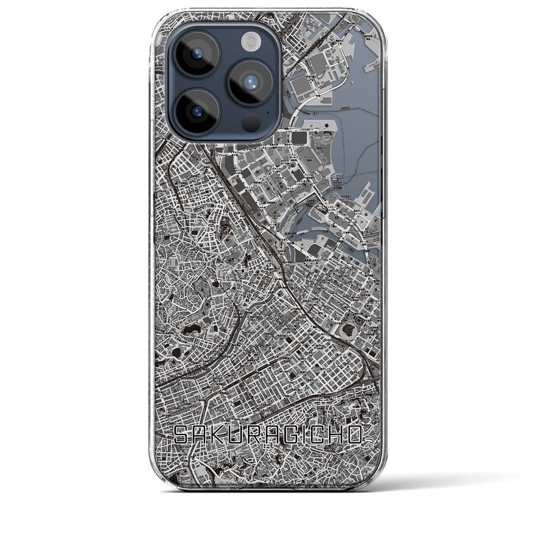 【桜木町】地図柄iPhoneケース（クリアタイプ・モノトーン）iPhone 15 Pro Max 用