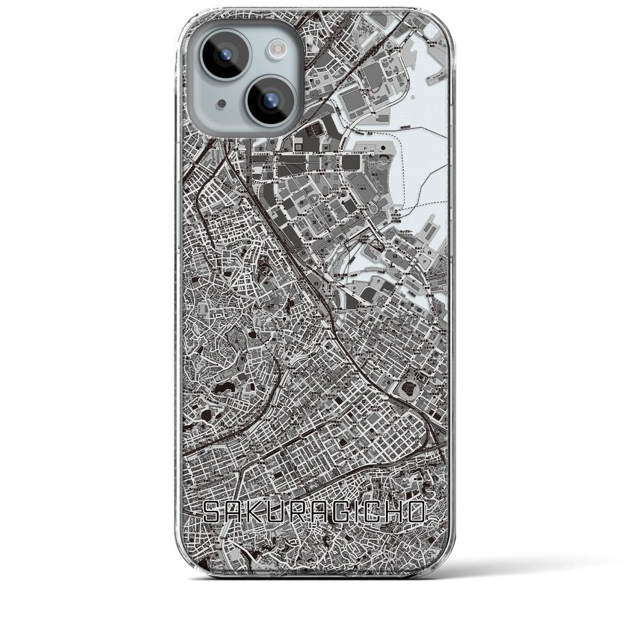 【桜木町】地図柄iPhoneケース（クリアタイプ・モノトーン）iPhone 15 Plus 用