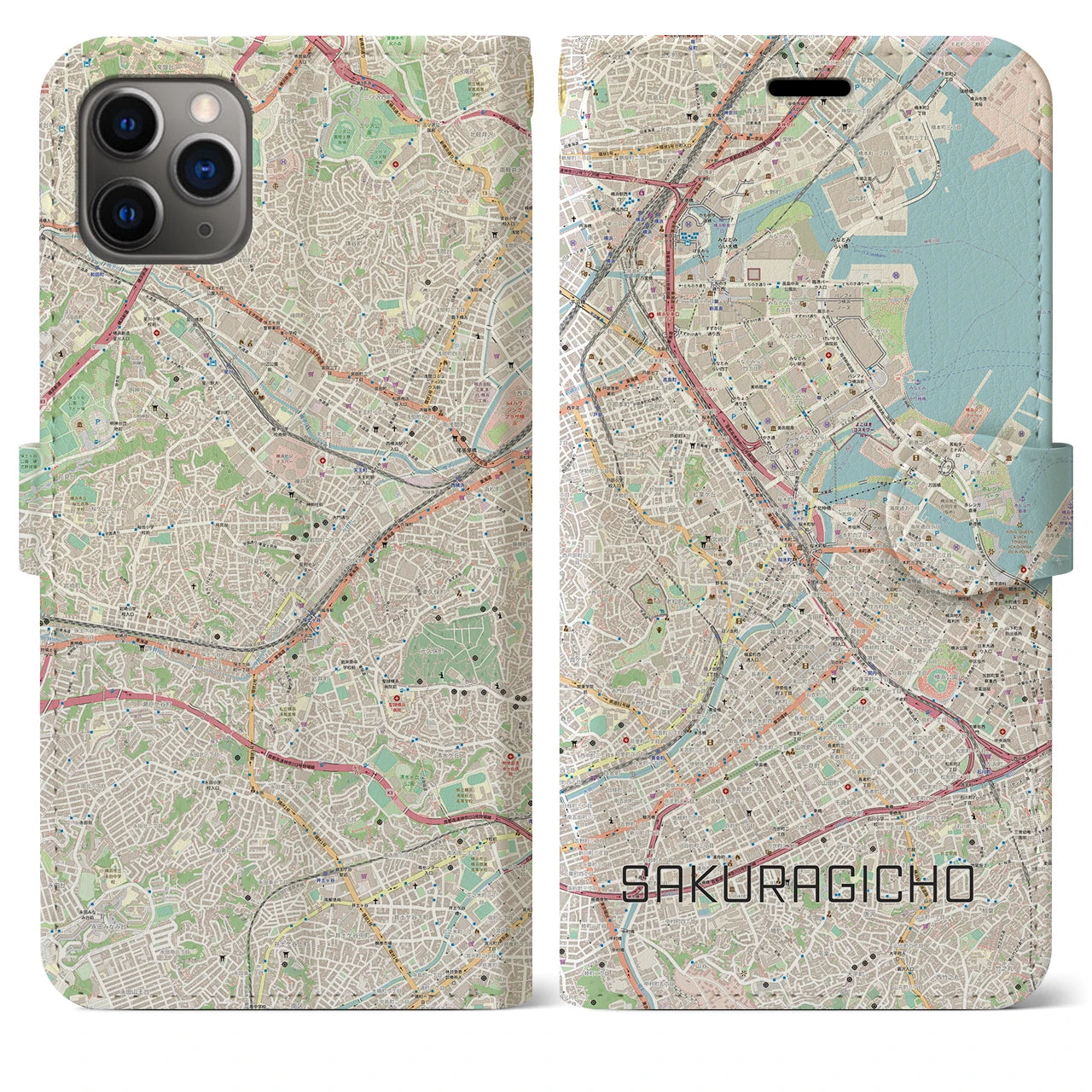 【桜木町】地図柄iPhoneケース（手帳両面タイプ・ナチュラル）iPhone 11 Pro Max 用