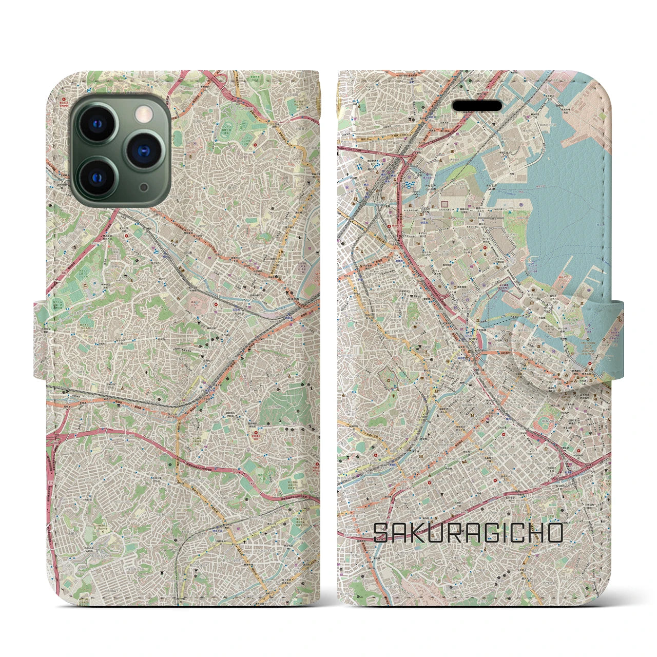 【桜木町】地図柄iPhoneケース（手帳両面タイプ・ナチュラル）iPhone 11 Pro 用