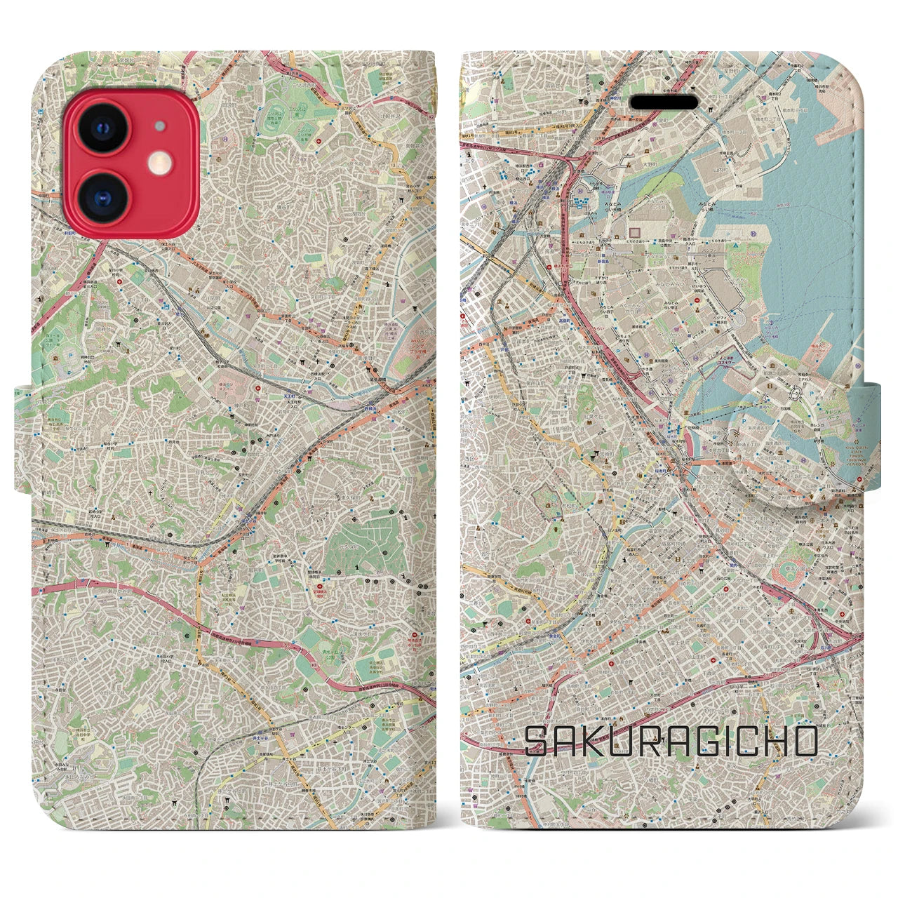 【桜木町】地図柄iPhoneケース（手帳両面タイプ・ナチュラル）iPhone 11 用