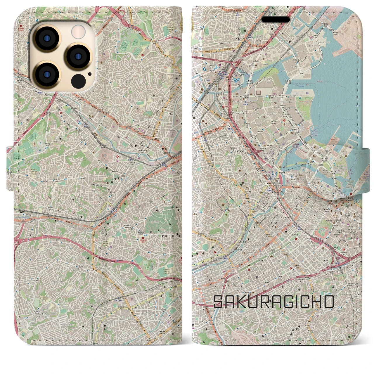 【桜木町】地図柄iPhoneケース（手帳両面タイプ・ナチュラル）iPhone 12 Pro Max 用