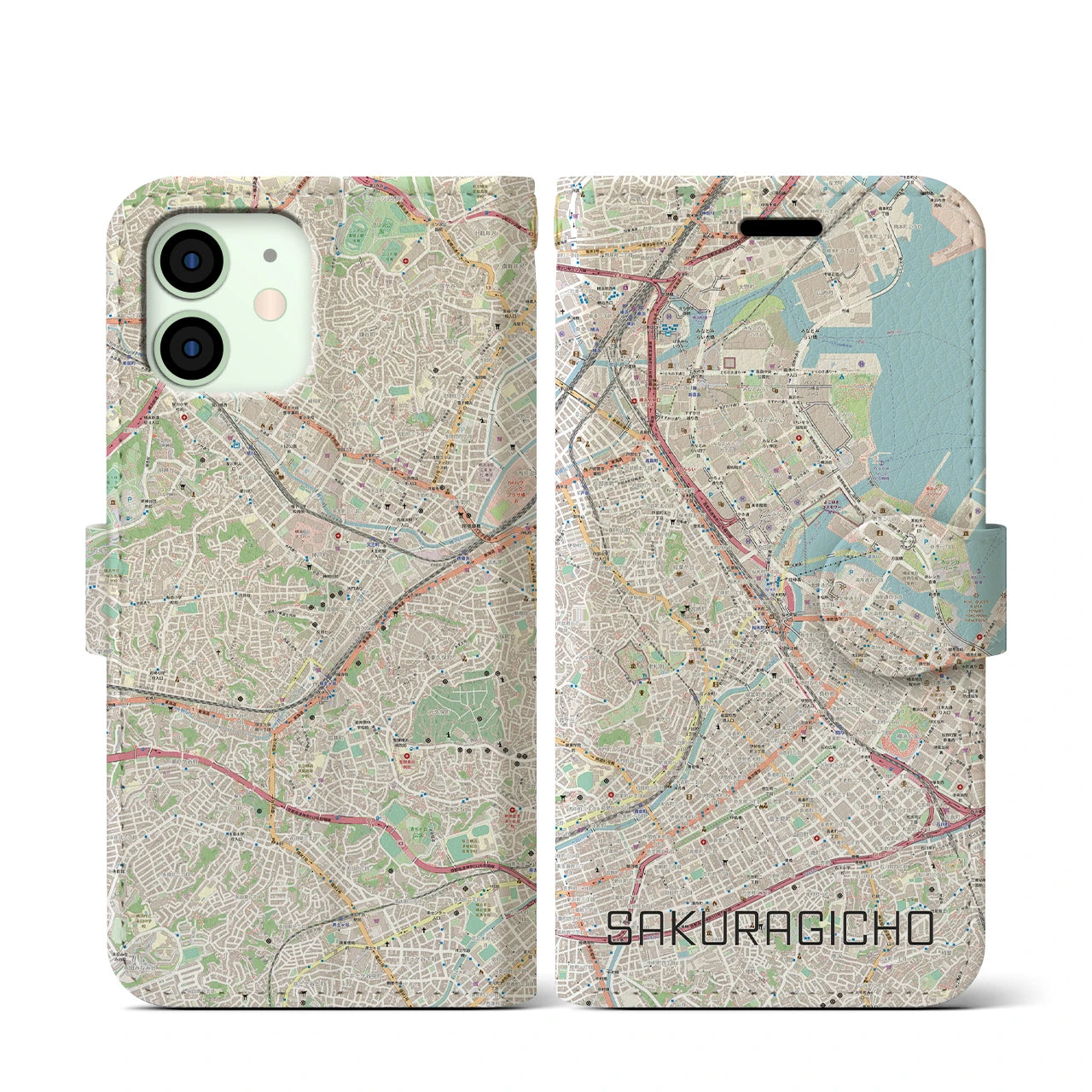 【桜木町】地図柄iPhoneケース（手帳両面タイプ・ナチュラル）iPhone 12 mini 用