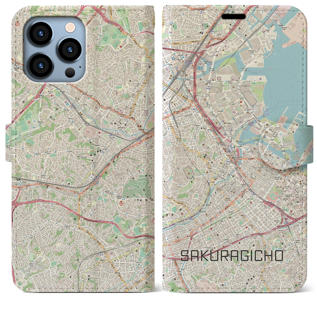 【桜木町】地図柄iPhoneケース（手帳両面タイプ・ナチュラル）iPhone 13 Pro Max 用