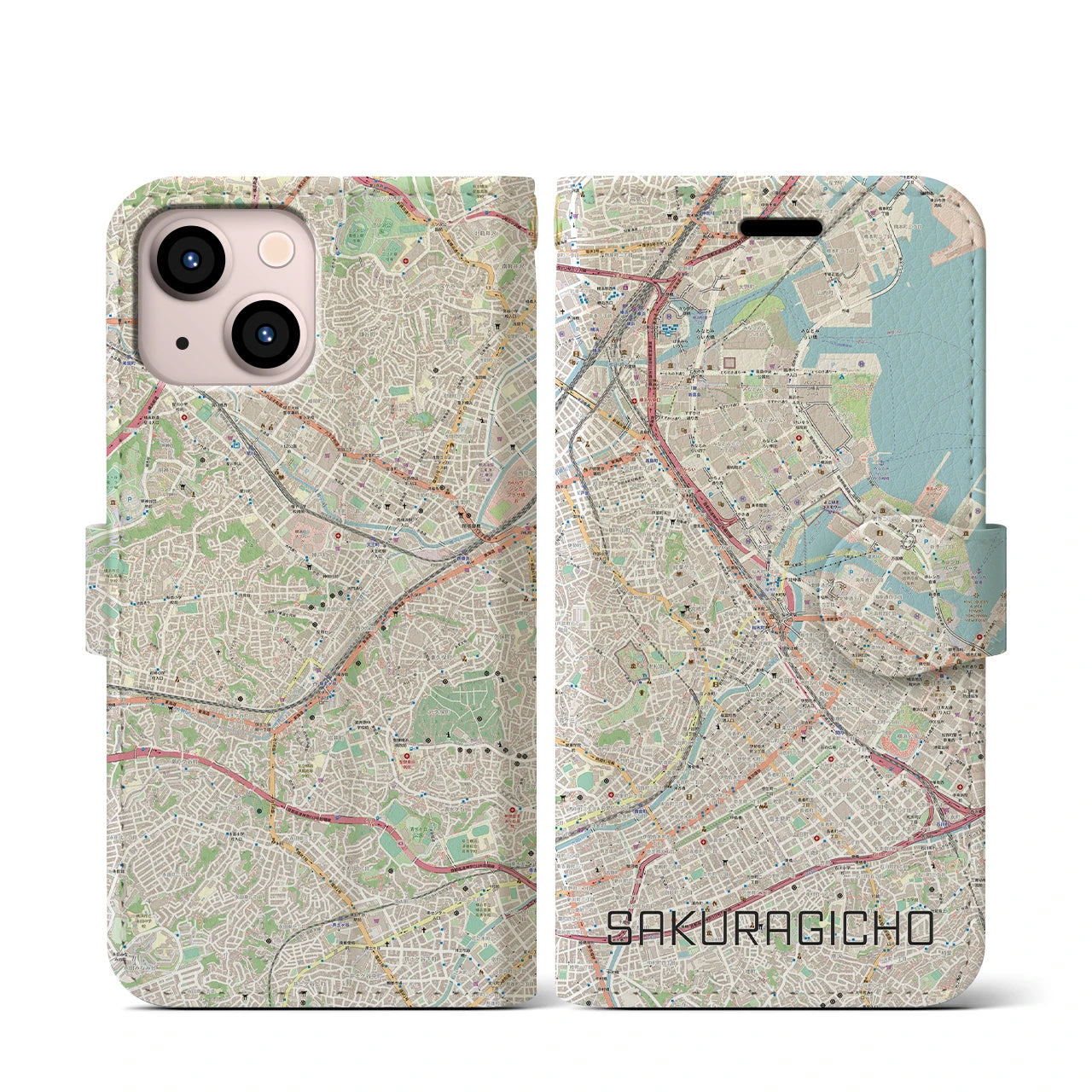 【桜木町】地図柄iPhoneケース（手帳両面タイプ・ナチュラル）iPhone 13 mini 用