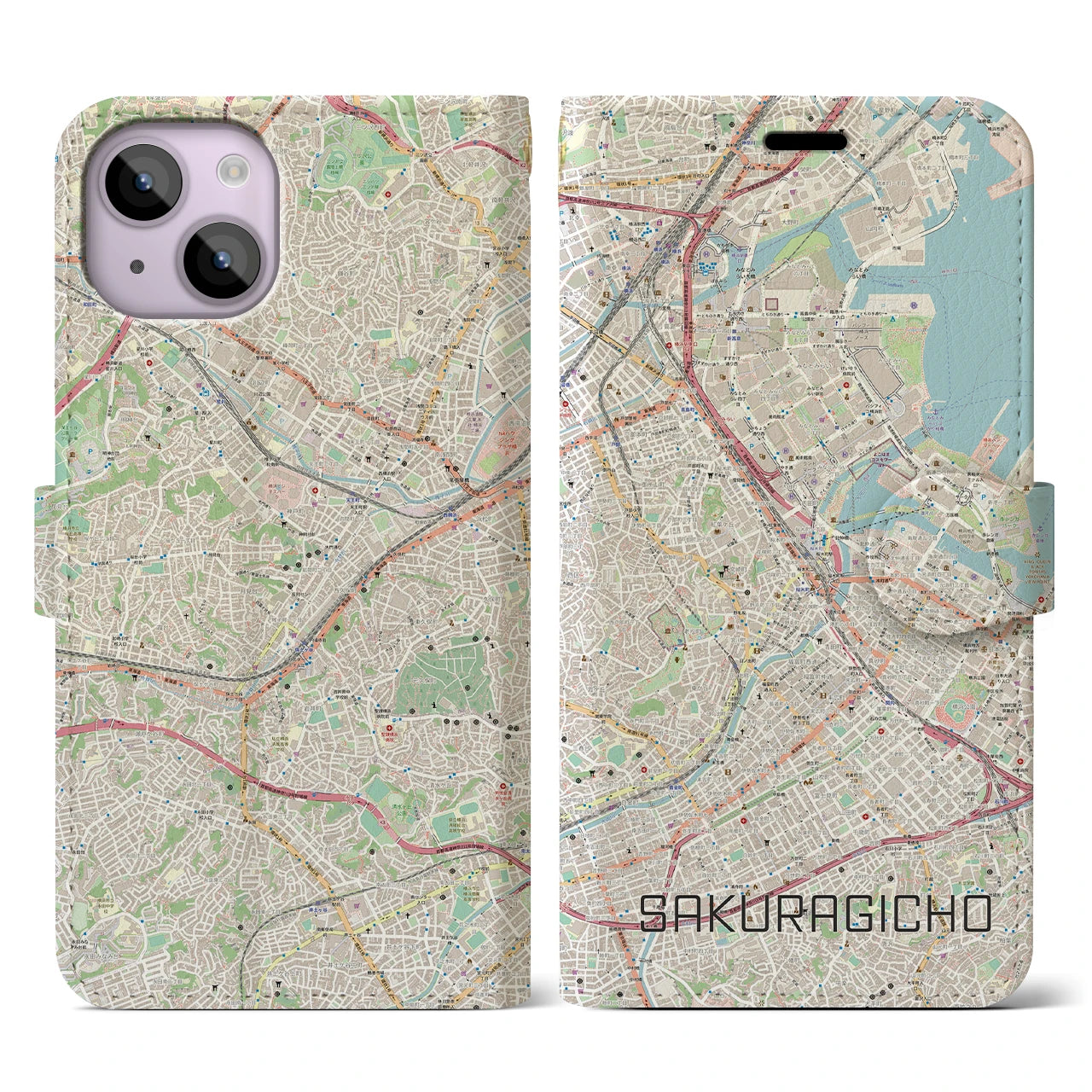 【桜木町】地図柄iPhoneケース（手帳両面タイプ・ナチュラル）iPhone 14 用