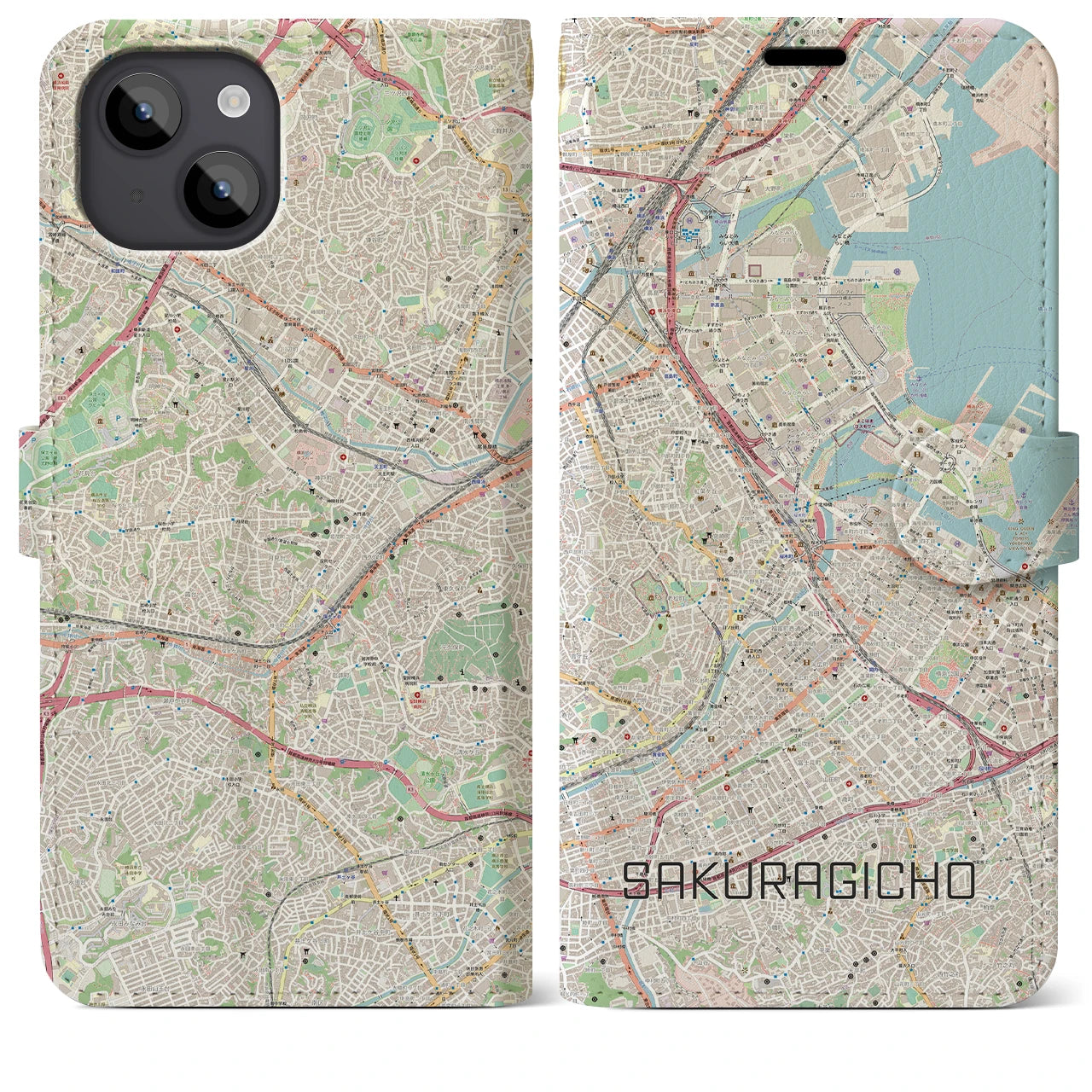 【桜木町】地図柄iPhoneケース（手帳両面タイプ・ナチュラル）iPhone 14 Plus 用