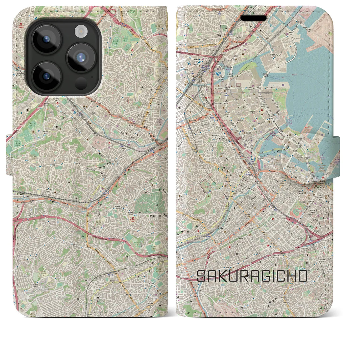 【桜木町】地図柄iPhoneケース（手帳両面タイプ・ナチュラル）iPhone 15 Pro Max 用