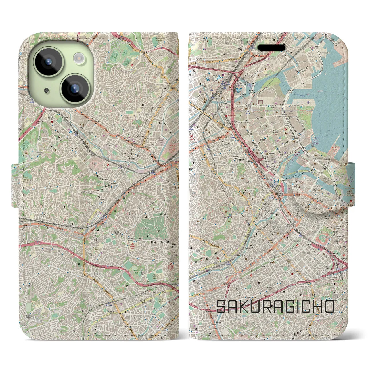 【桜木町】地図柄iPhoneケース（手帳両面タイプ・ナチュラル）iPhone 15 用