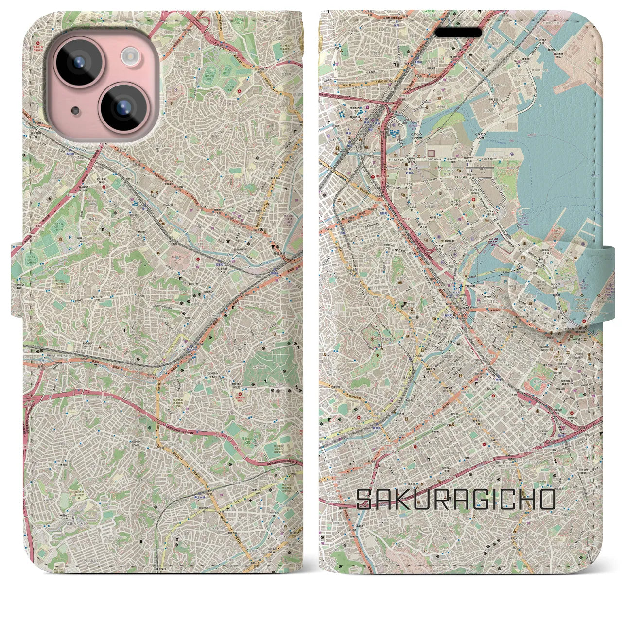 【桜木町】地図柄iPhoneケース（手帳両面タイプ・ナチュラル）iPhone 15 Plus 用