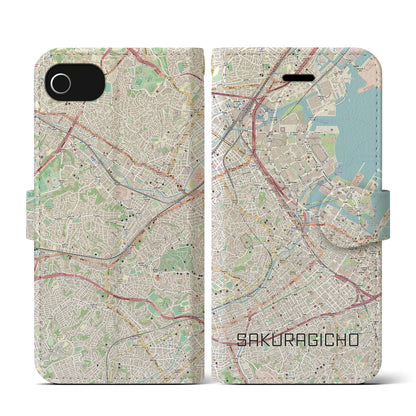 【桜木町（神奈川県）】地図柄iPhoneケース（手帳タイプ）ナチュラル・iPhone SE（第3 / 第2世代） / 8 / 7 / 6s / 6 用