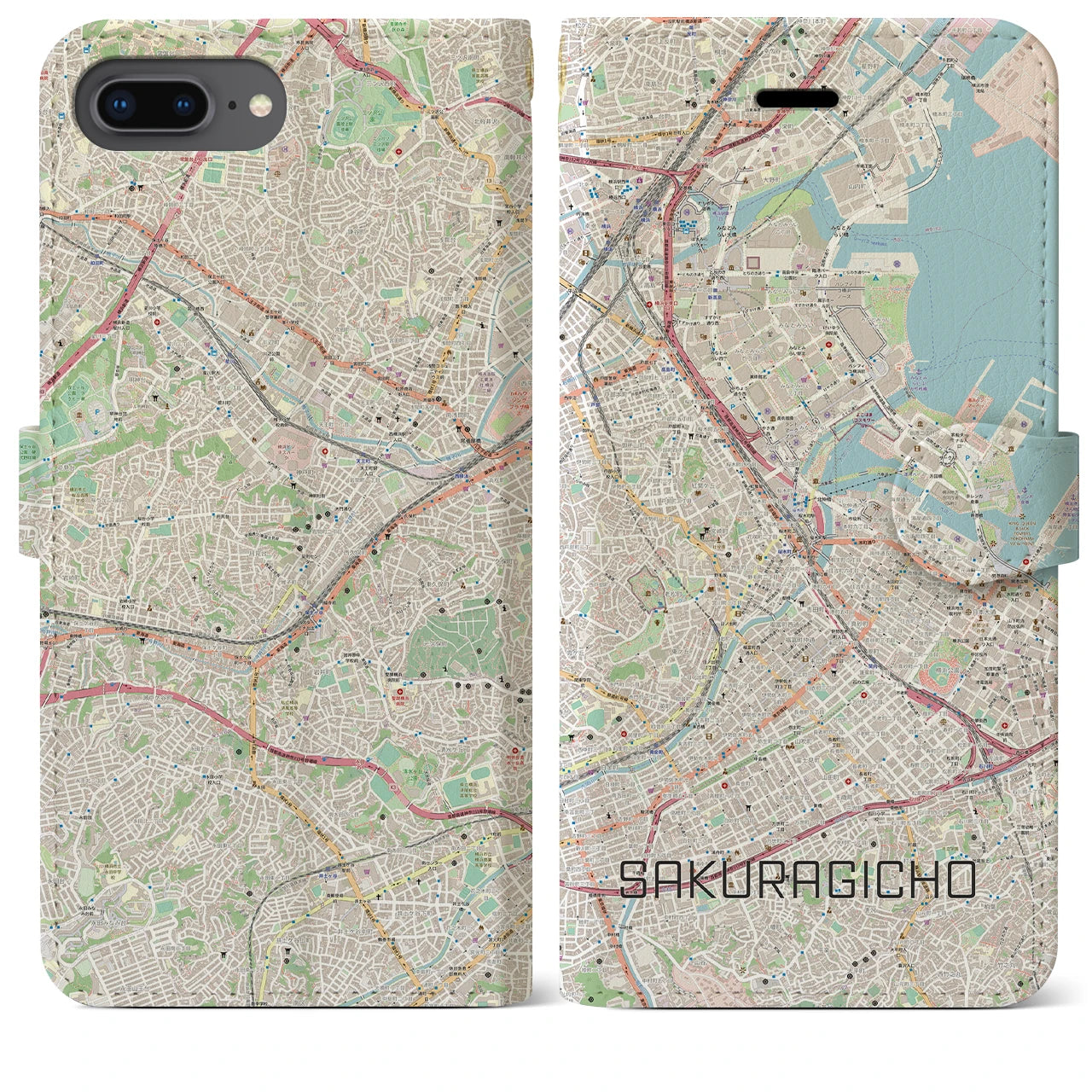 【桜木町】地図柄iPhoneケース（手帳両面タイプ・ナチュラル）iPhone 8Plus /7Plus / 6sPlus / 6Plus 用