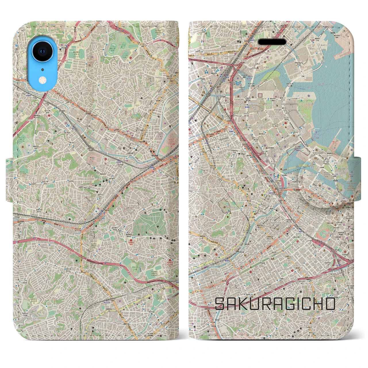 【桜木町】地図柄iPhoneケース（手帳両面タイプ・ナチュラル）iPhone XR 用