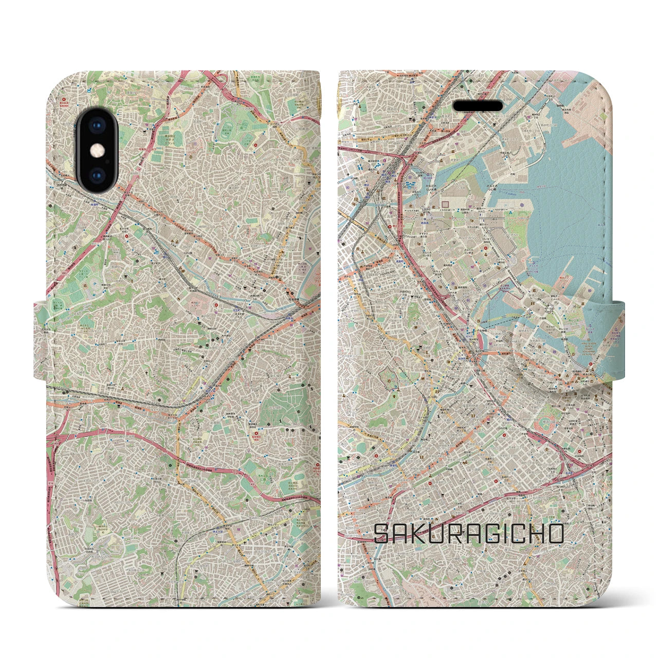 【桜木町】地図柄iPhoneケース（手帳両面タイプ・ナチュラル）iPhone XS / X 用
