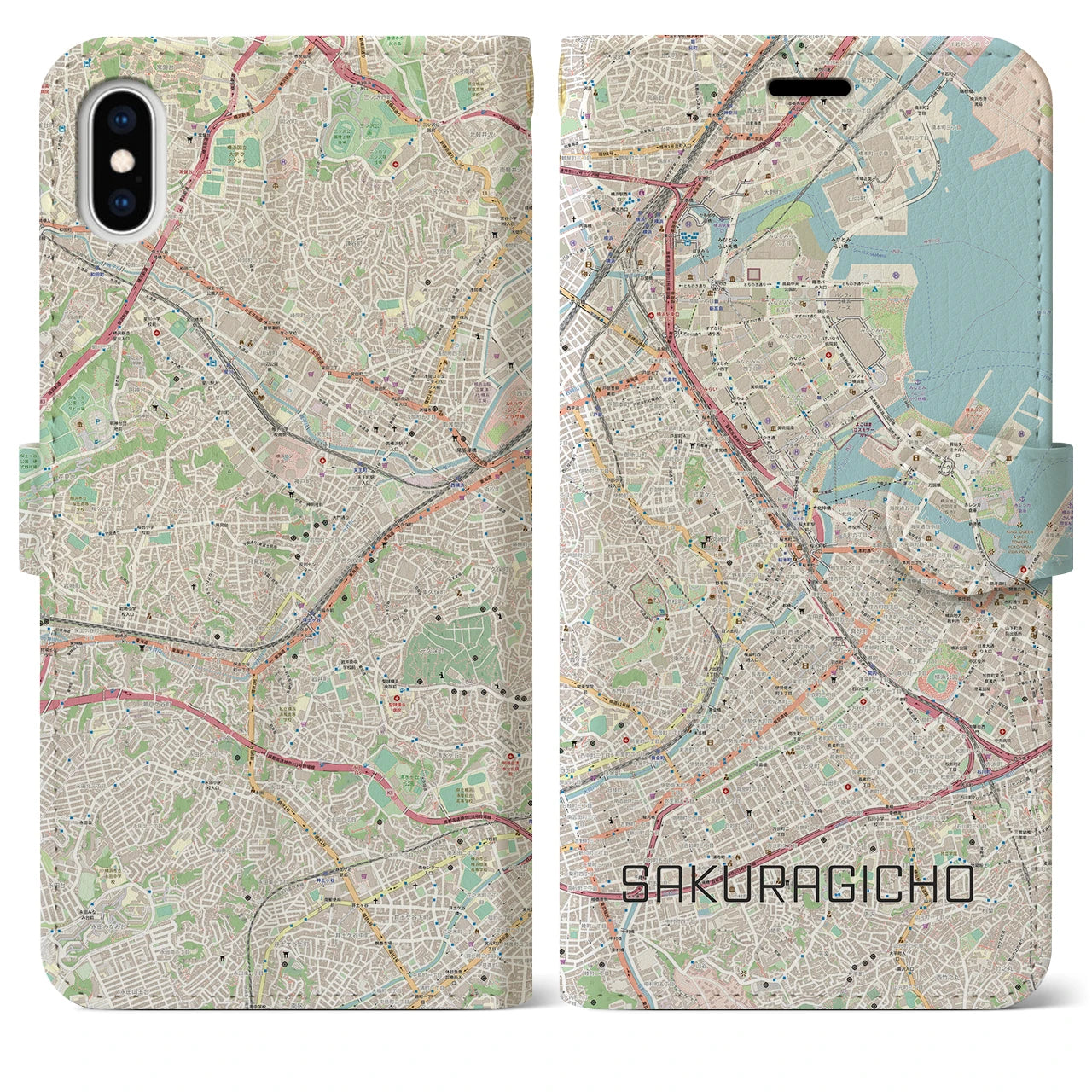 【桜木町】地図柄iPhoneケース（手帳両面タイプ・ナチュラル）iPhone XS Max 用