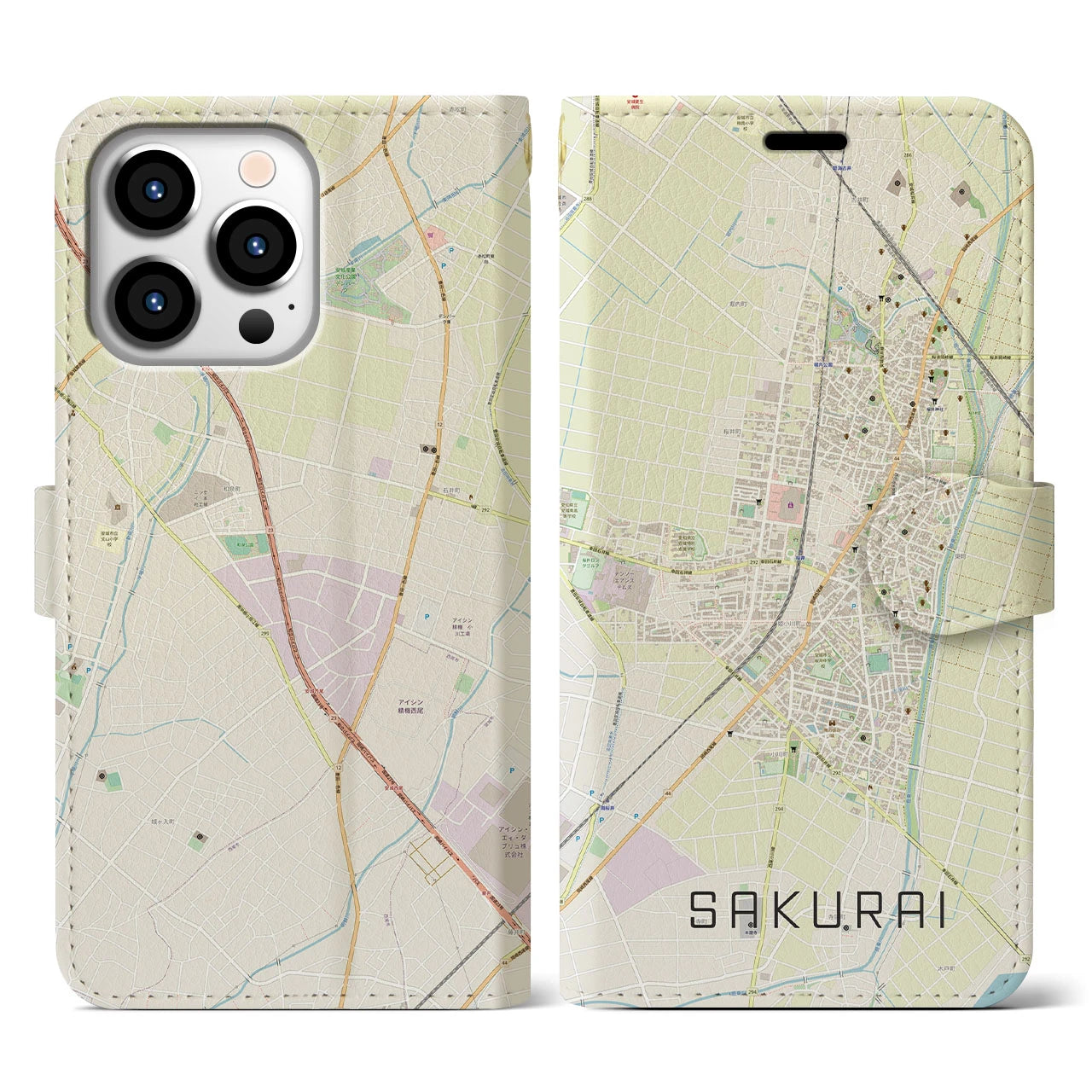 【桜井（愛知県）】地図柄iPhoneケース（手帳両面タイプ・ナチュラル）iPhone 13 Pro 用