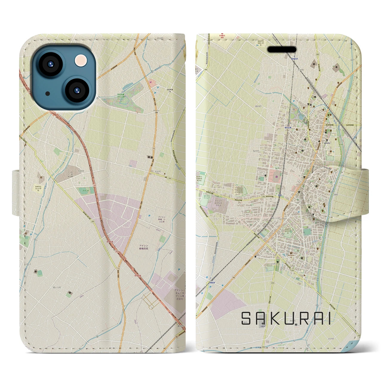 【桜井（愛知県）】地図柄iPhoneケース（手帳両面タイプ・ナチュラル）iPhone 13 用