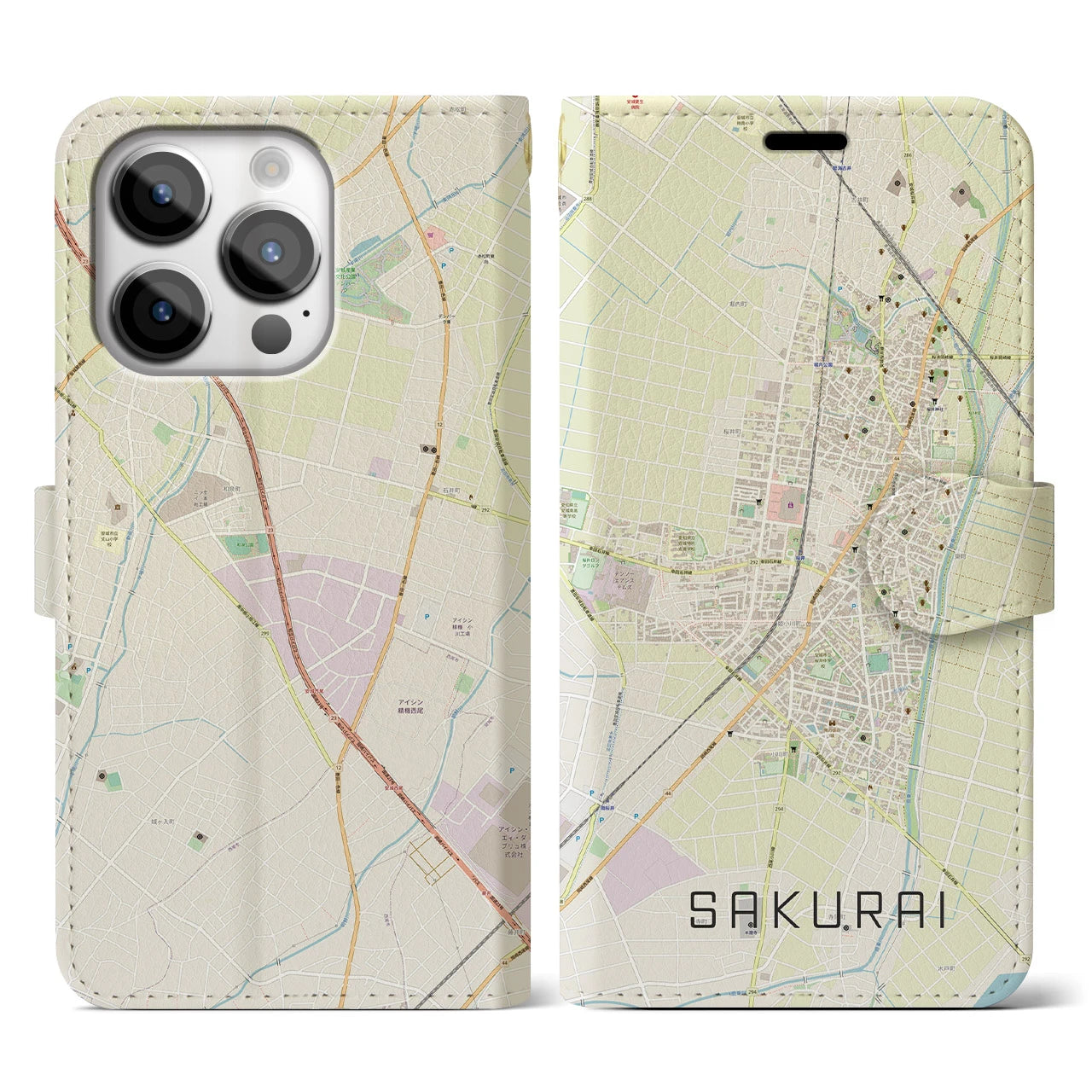 【桜井（愛知県）】地図柄iPhoneケース（手帳両面タイプ・ナチュラル）iPhone 14 Pro 用