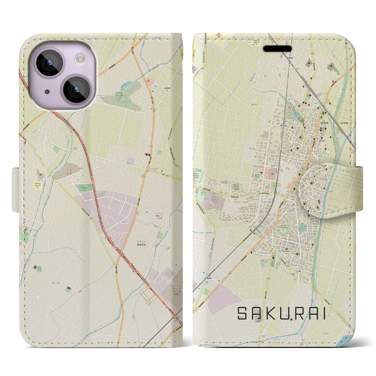 【桜井（愛知県）】地図柄iPhoneケース（手帳両面タイプ・ナチュラル）iPhone 14 用