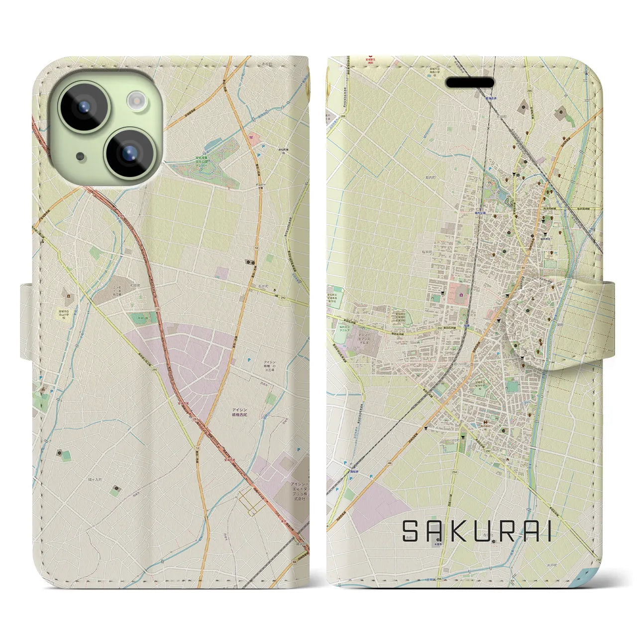 【桜井（愛知県）】地図柄iPhoneケース（手帳両面タイプ・ナチュラル）iPhone 15 用