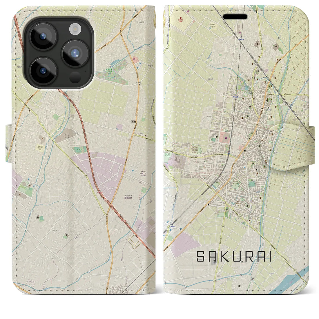 【桜井（愛知県）】地図柄iPhoneケース（手帳両面タイプ・ナチュラル）iPhone 15 Pro Max 用