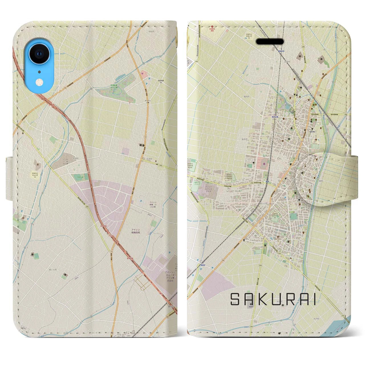 【桜井（愛知県）】地図柄iPhoneケース（手帳両面タイプ・ナチュラル）iPhone XR 用