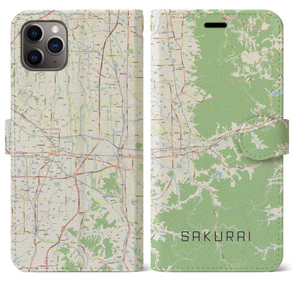 【桜井（奈良県）】地図柄iPhoneケース（手帳タイプ）ナチュラル・iPhone 11 Pro Max 用