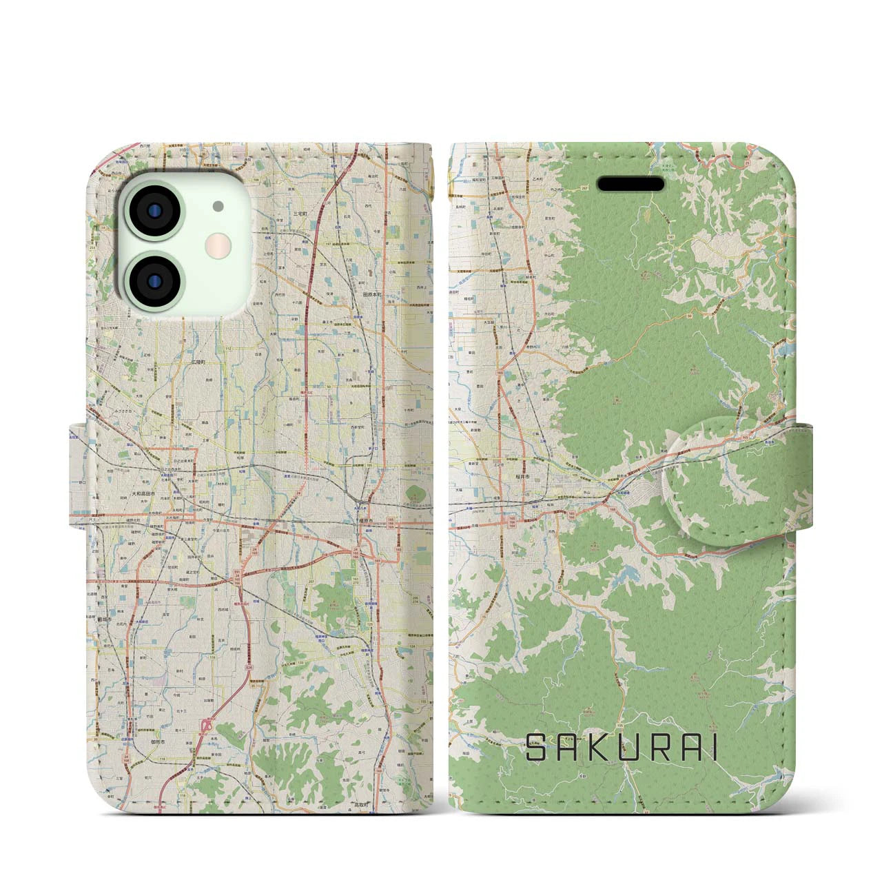 【桜井】地図柄iPhoneケース（手帳両面タイプ・ナチュラル）iPhone 12 mini 用