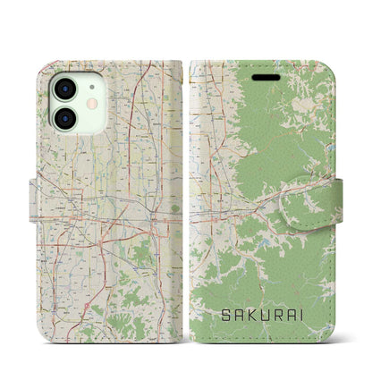 【桜井（奈良県）】地図柄iPhoneケース（手帳タイプ）ナチュラル・iPhone 12 mini 用