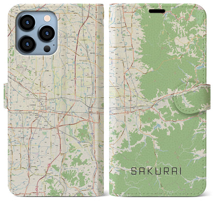 【桜井（奈良県）】地図柄iPhoneケース（手帳タイプ）ナチュラル・iPhone 13 Pro Max 用