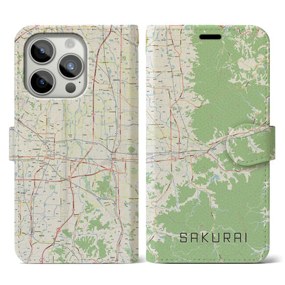 【桜井（奈良県）】地図柄iPhoneケース（手帳タイプ）ナチュラル・iPhone 15 Pro 用