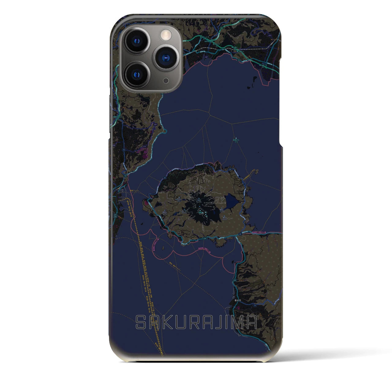【桜島】地図柄iPhoneケース（バックカバータイプ・ブラック）iPhone 11 Pro Max 用