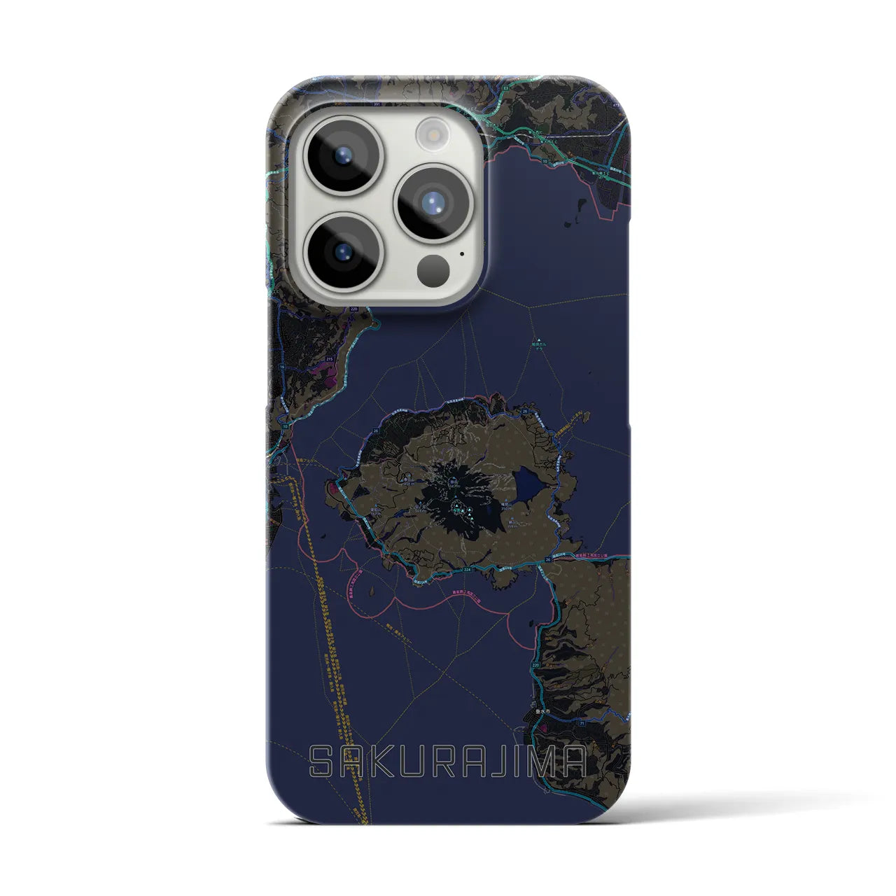 【桜島】地図柄iPhoneケース（バックカバータイプ・ブラック）iPhone 15 Pro 用