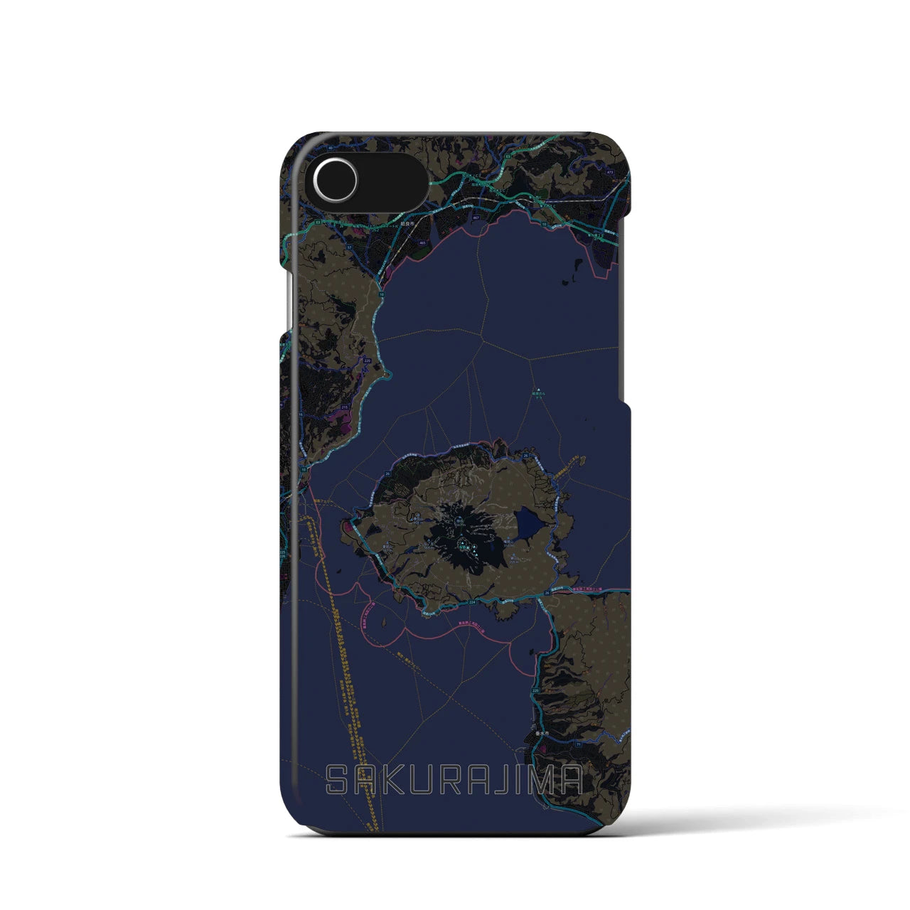 【桜島】地図柄iPhoneケース（バックカバータイプ・ブラック）iPhone SE（第3 / 第2世代） / 8 / 7 / 6s / 6 用