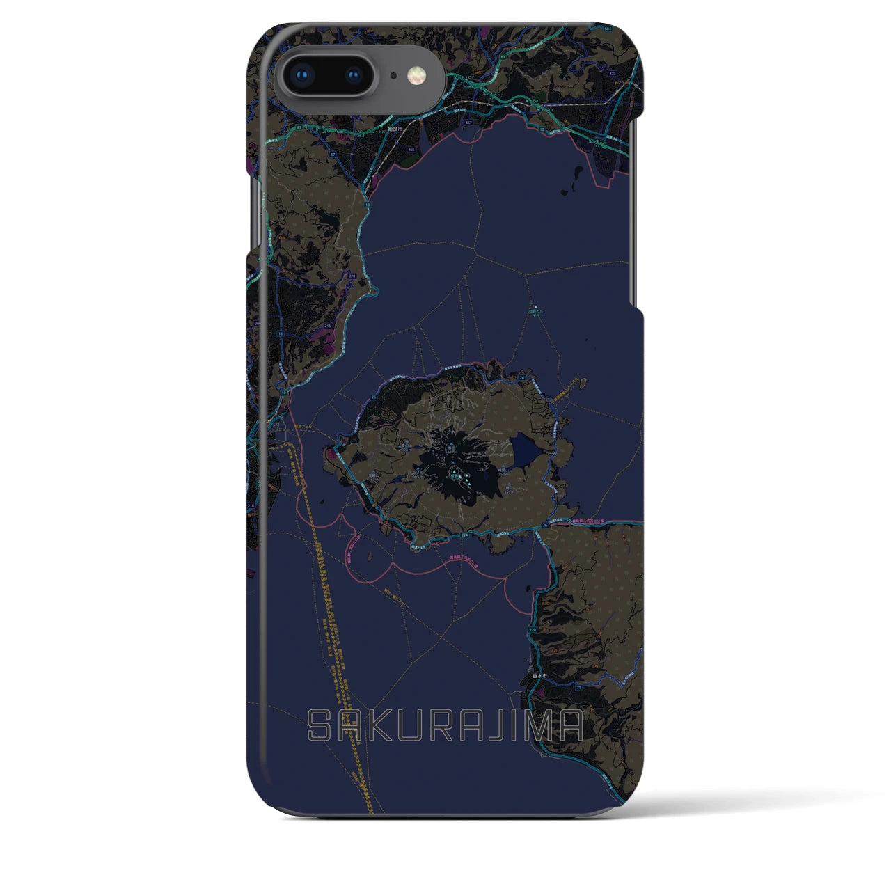 【桜島】地図柄iPhoneケース（バックカバータイプ・ブラック）iPhone 8Plus /7Plus / 6sPlus / 6Plus 用