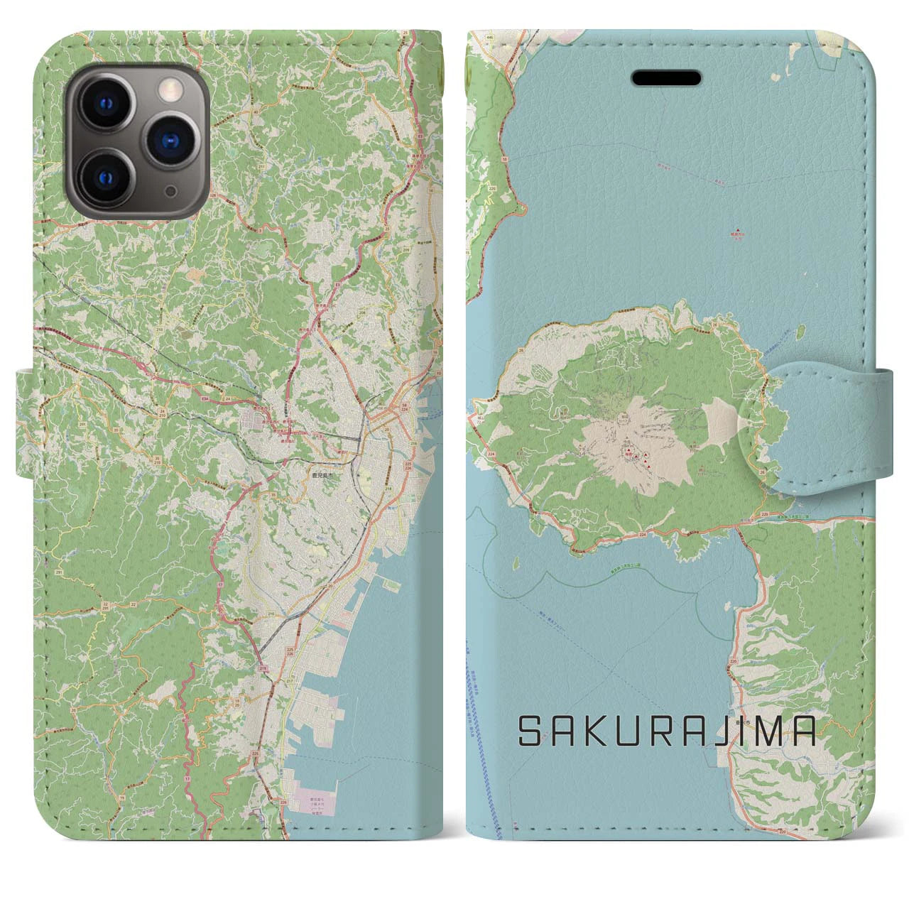 【桜島】地図柄iPhoneケース（手帳両面タイプ・ナチュラル）iPhone 11 Pro Max 用