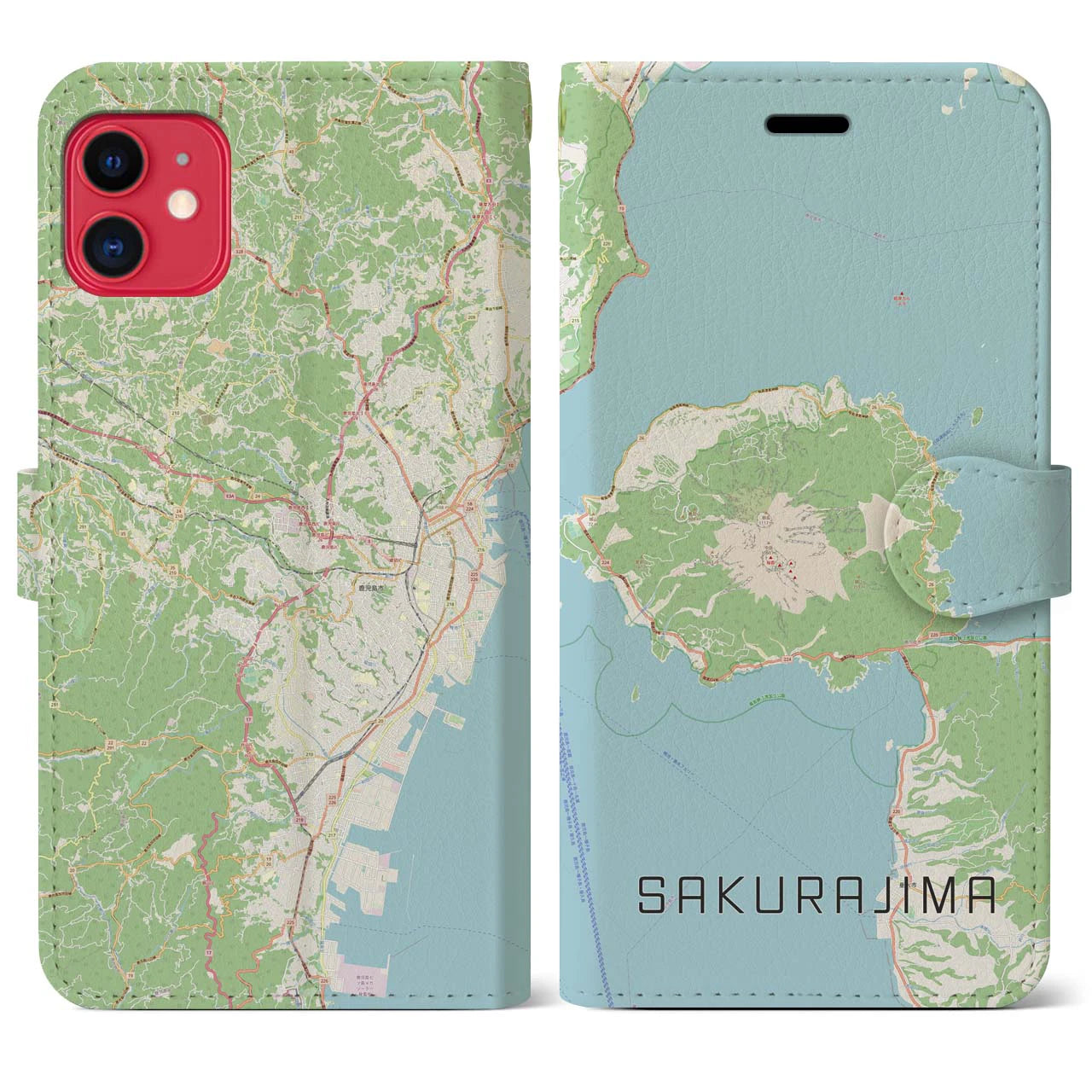 【桜島】地図柄iPhoneケース（手帳両面タイプ・ナチュラル）iPhone 11 用