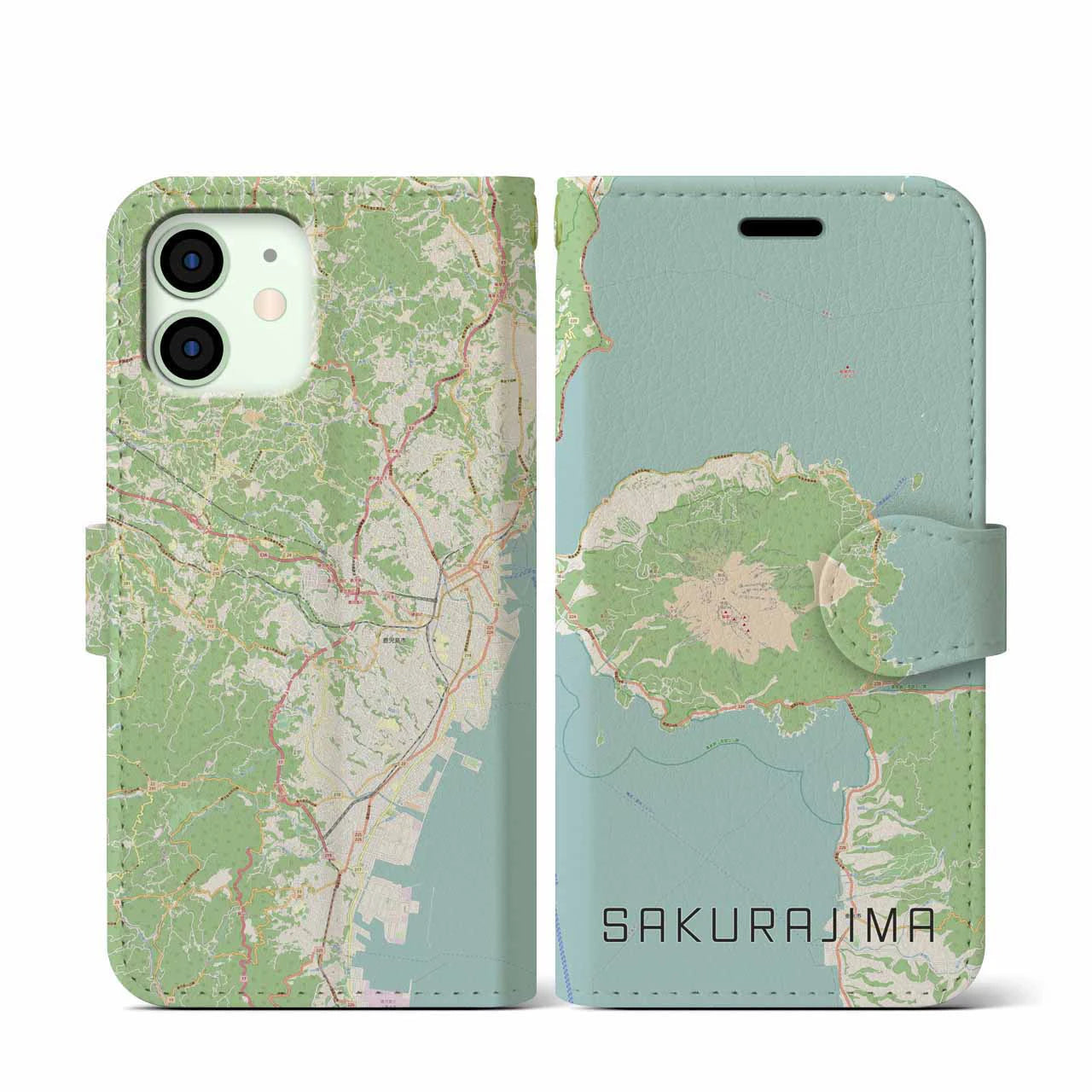 【桜島】地図柄iPhoneケース（手帳両面タイプ・ナチュラル）iPhone 12 mini 用